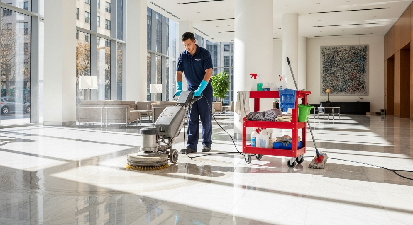 Floor care and maintenance in corporate lobby