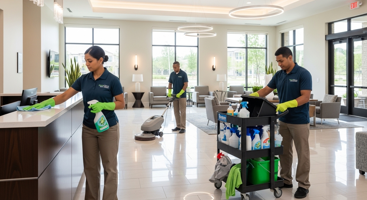 Strata cleaning team sanitising lobby