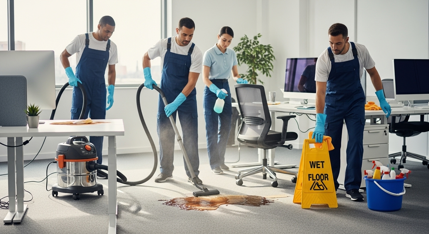 Emergency cleaning crew responding to an office spill