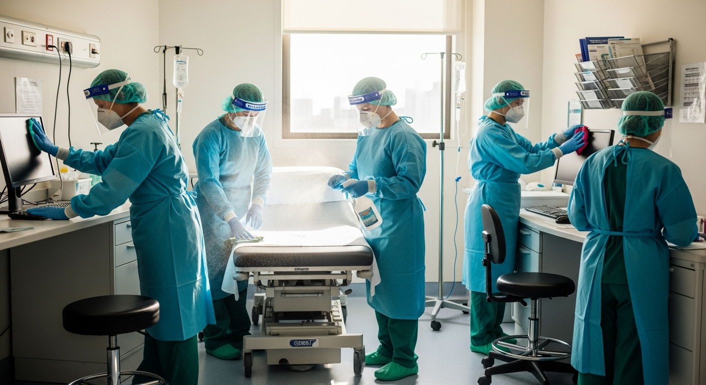 Clinic cleaning team disinfecting a consultation room