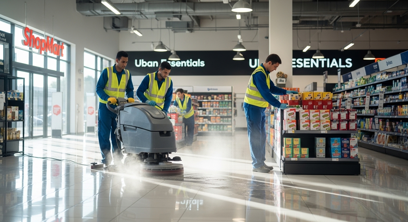 Retail store cleaning crew polishing floors and arranging displays