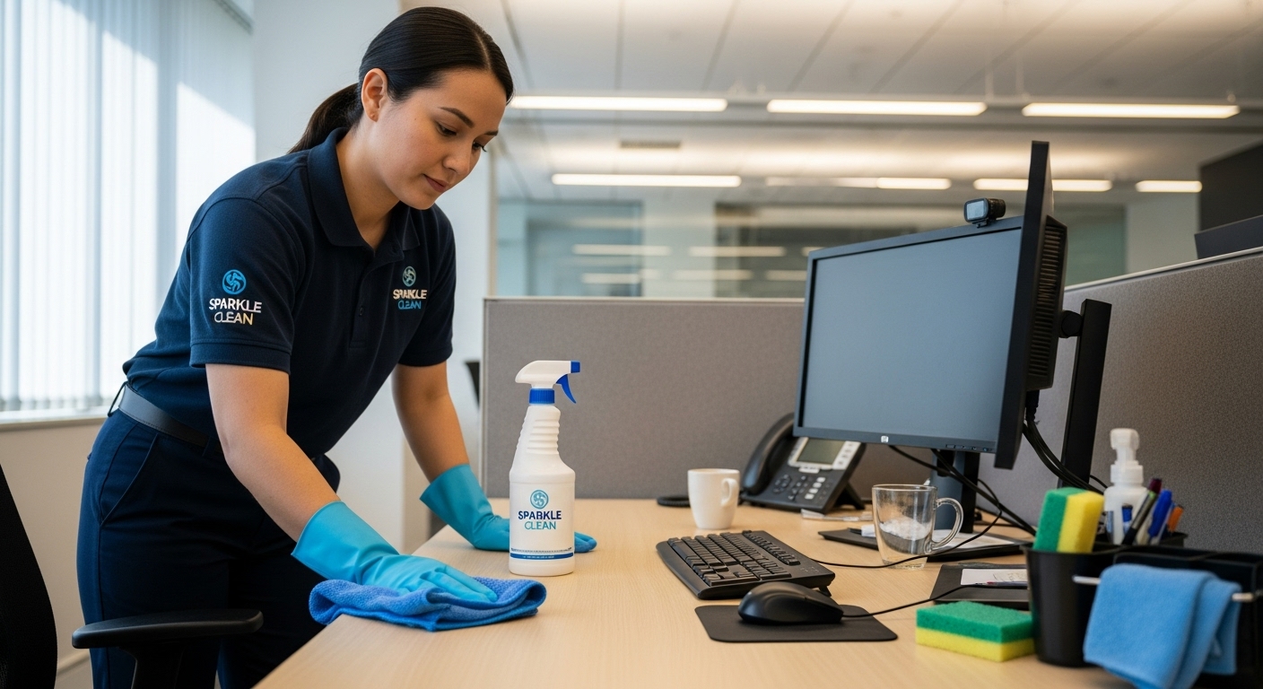 Office cleaning team wiping desks