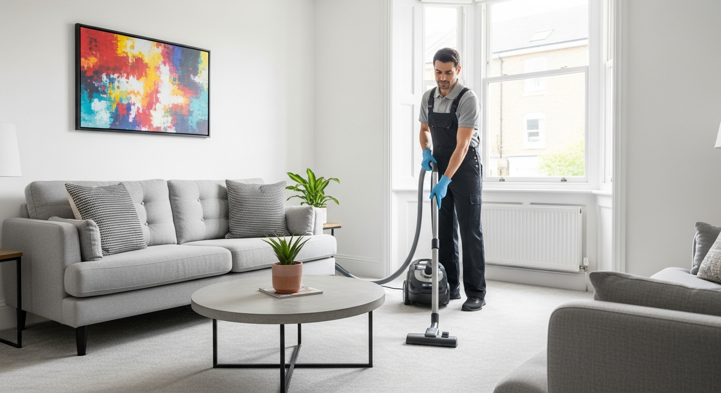 Cleaner vacuuming carpet in Bayswater rental