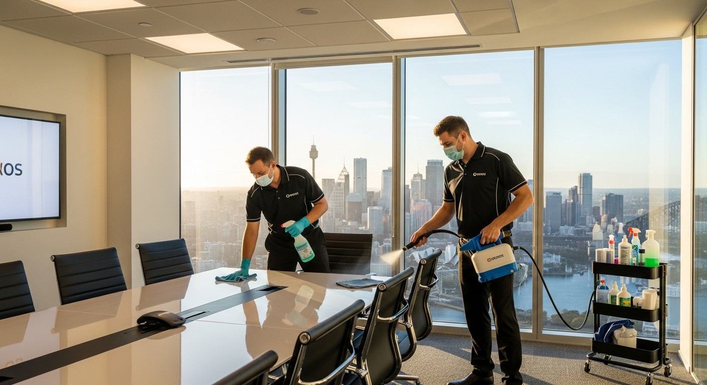 Office cleaners sanitising a meeting room