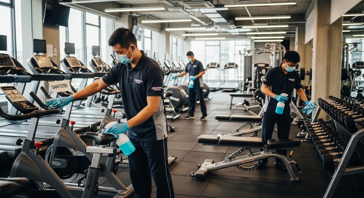 cleaning crew sanitising gym equipment