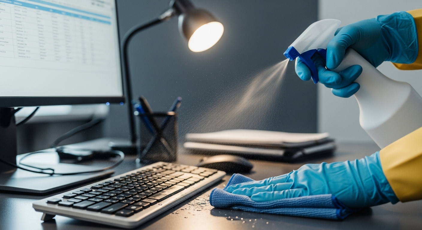 Cleaner sanitising desk in Newcastle office