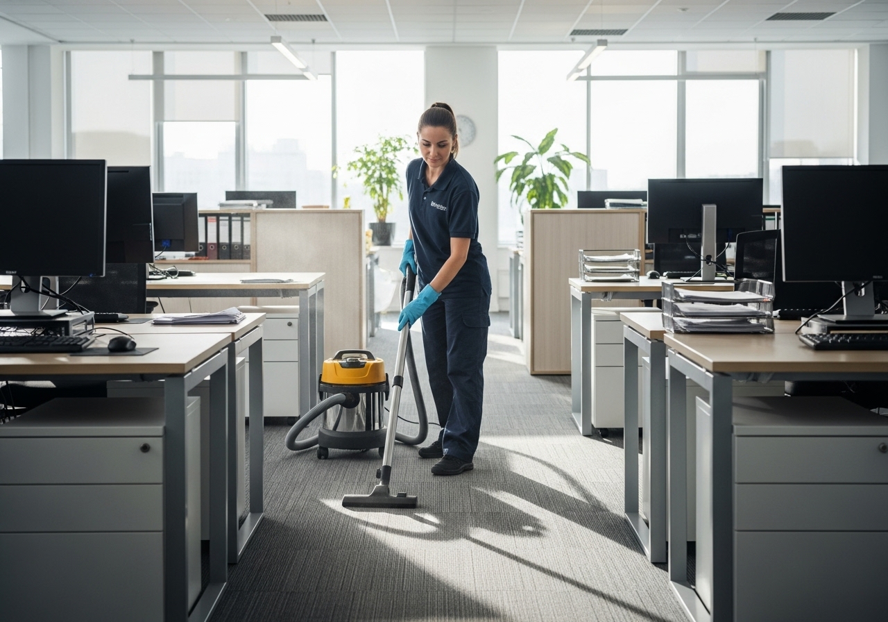 Office cleaning team vacuuming carpet