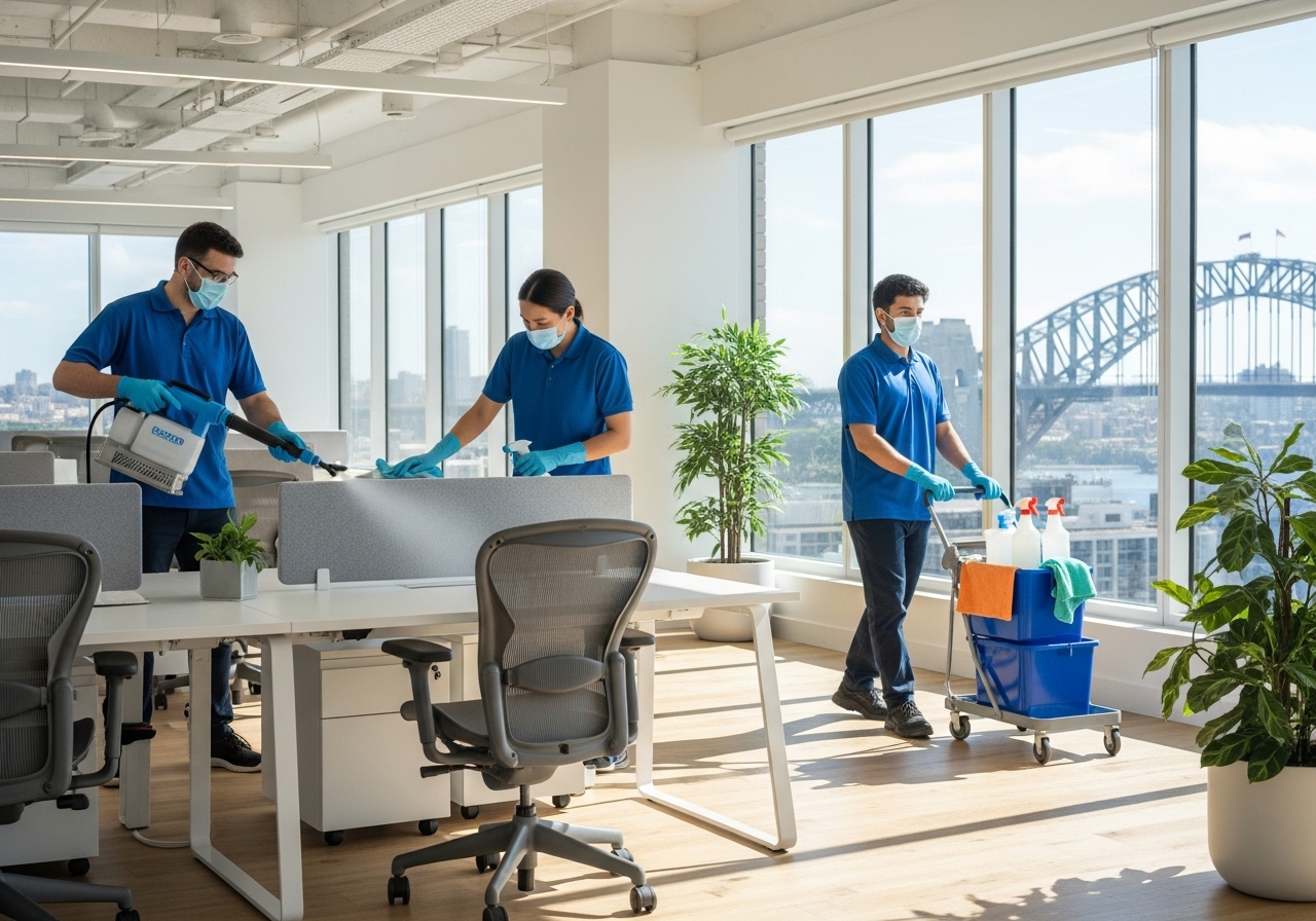 Commercial cleaners sanitising office