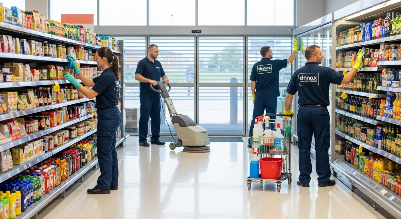 Retail cleaning team preparing store