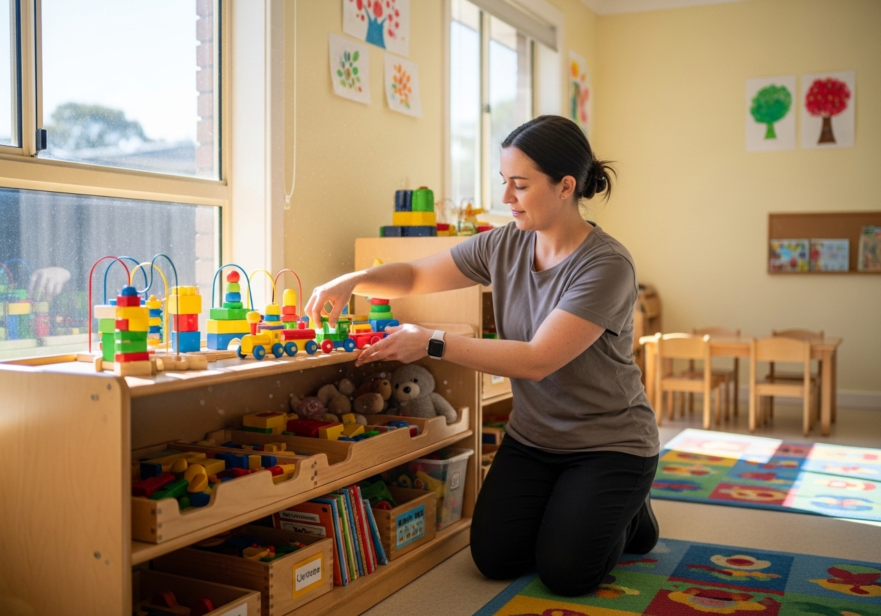 Cleaned toys on shelf in childcare centre