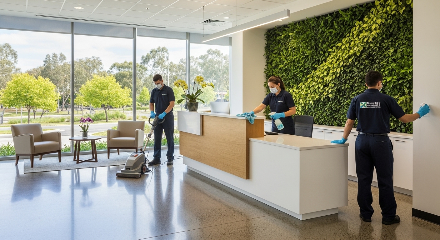 Professional cleaners in reception area