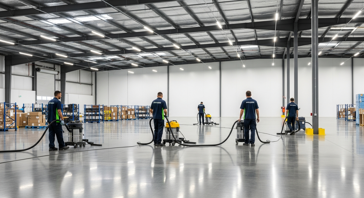Professional cleaners in warehouse