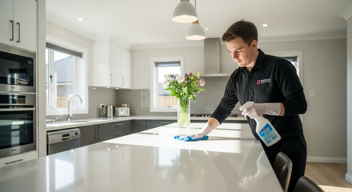 Professional cleaner polishing kitchen bench