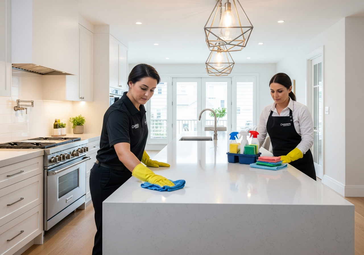 Cleaner wiping kitchen bench