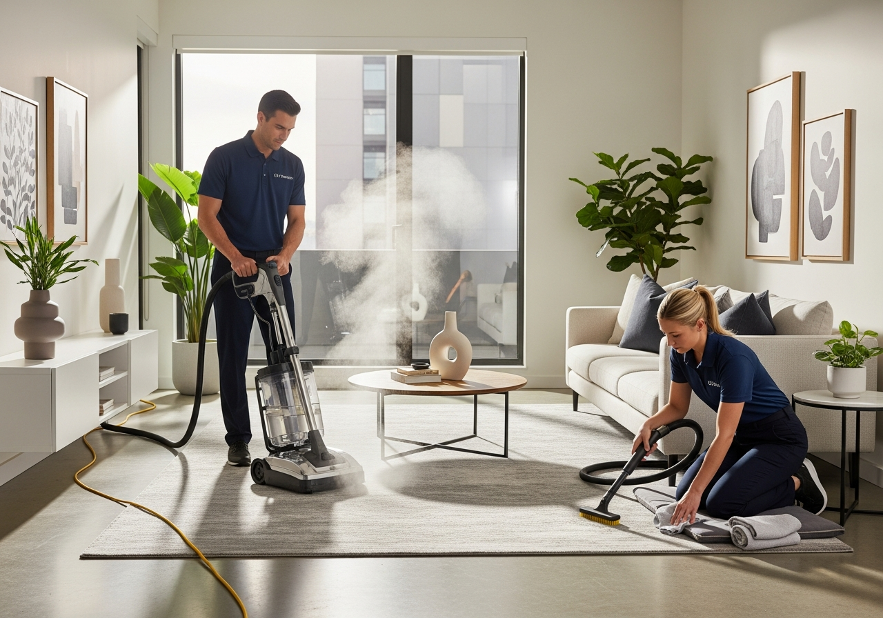 Steam cleaning carpet in apartment