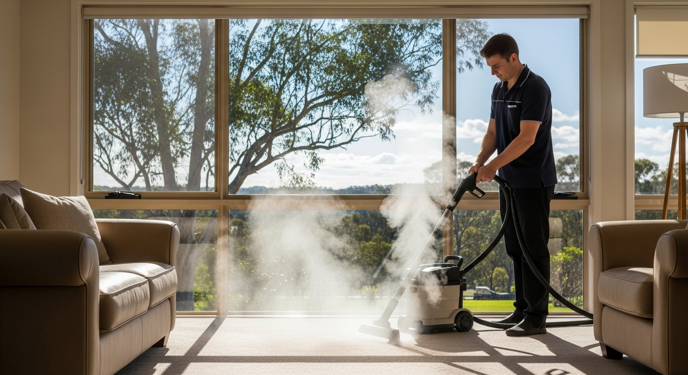 End of lease cleaner steaming carpet in living room