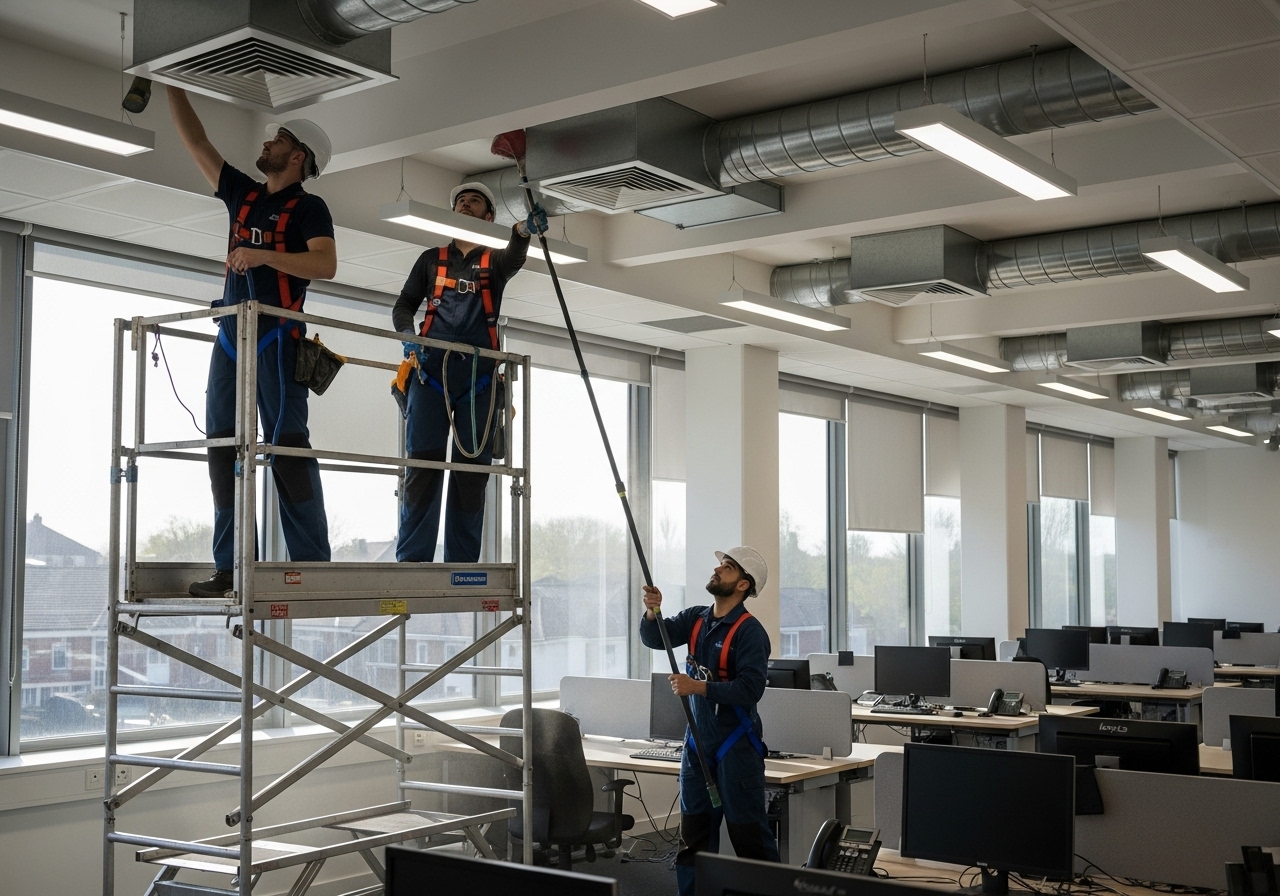 Cleaning team performing high-level dusting