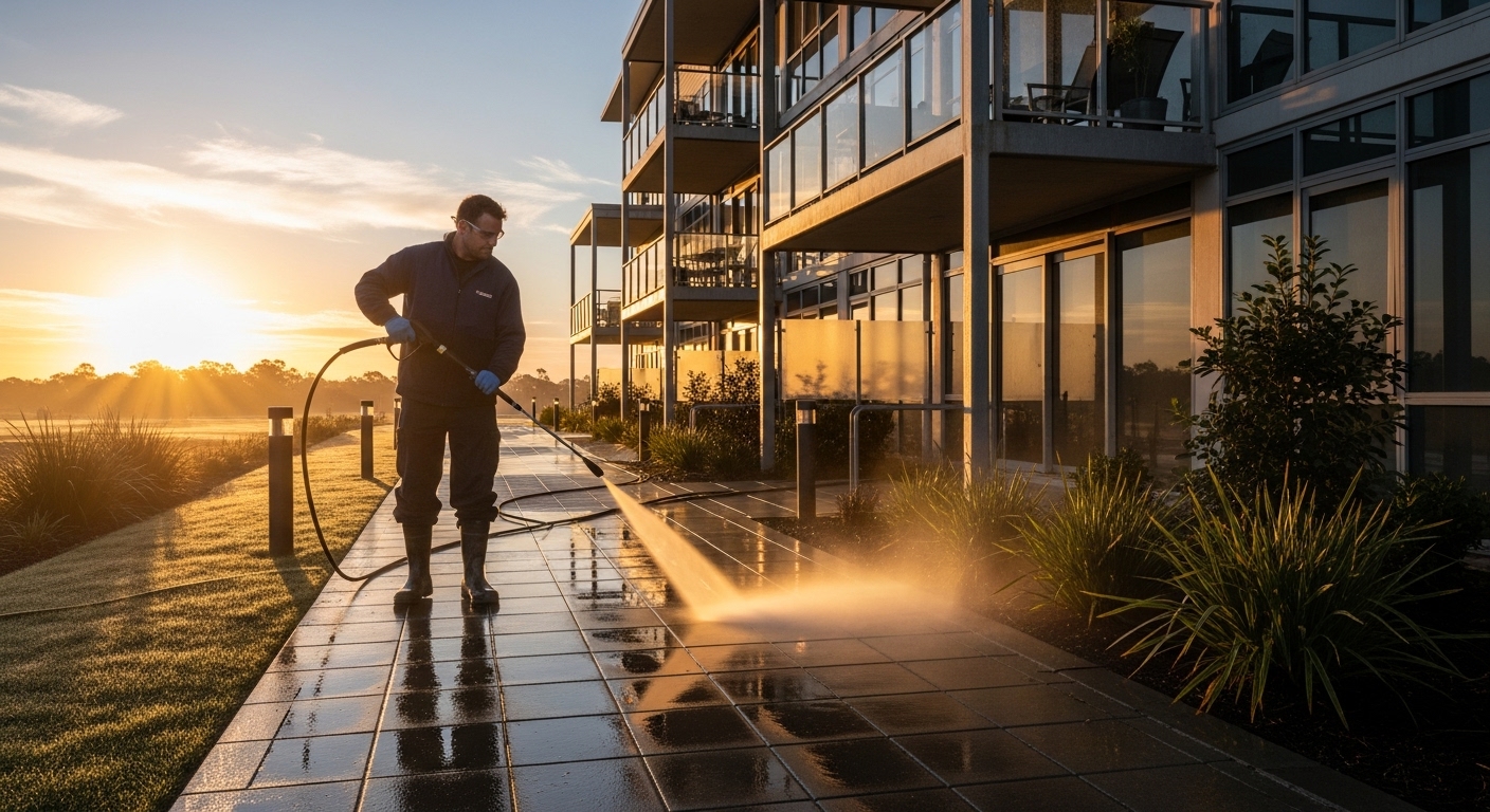 Cleaner pressure washing building exterior
