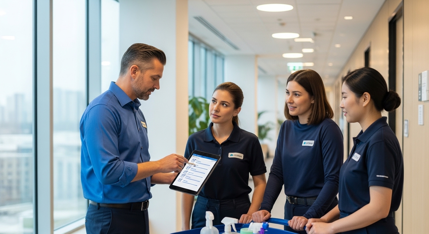 Supervisor discussing cleaning checklist with team