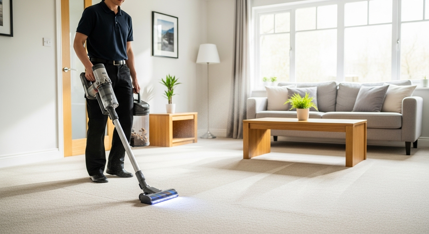 Cleaner vacuuming carpet in living room