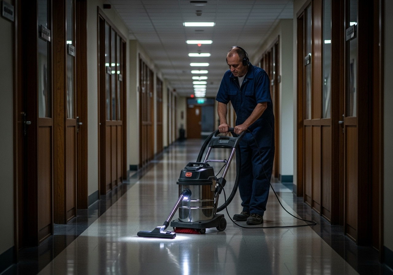 janitor vacuuming office corridor
