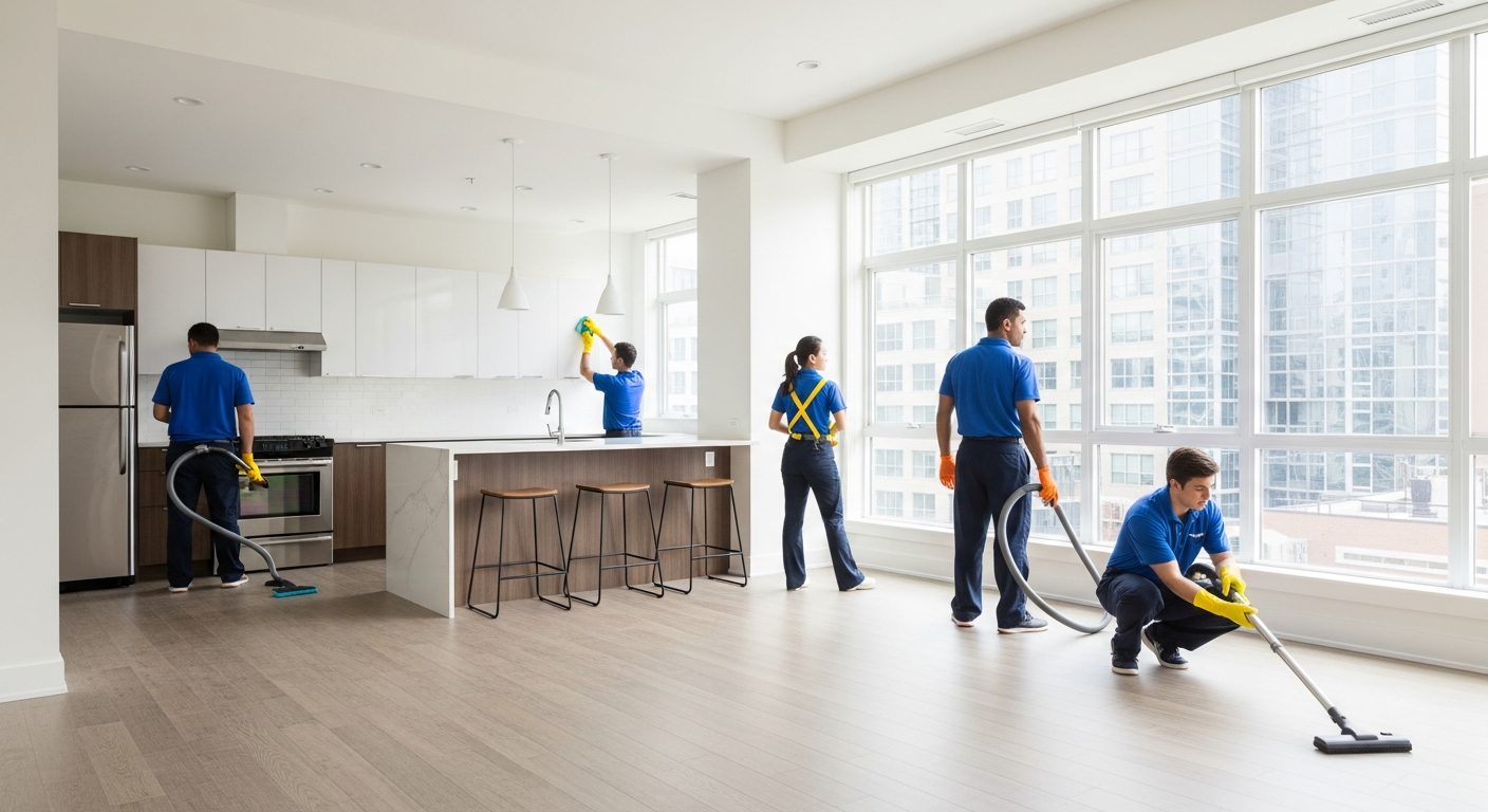 Cleaning team preparing apartment for final inspection