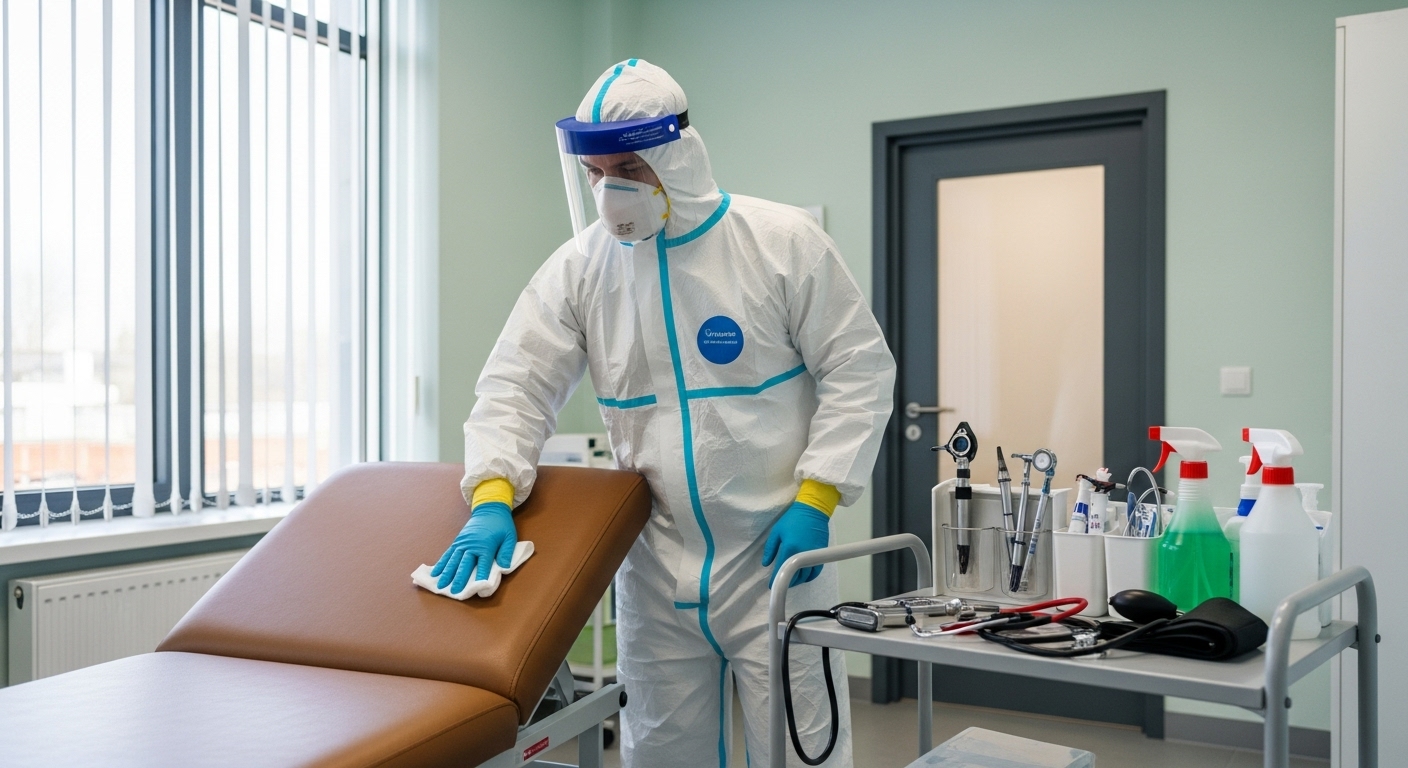 Cleaner disinfecting clinic consultation room
