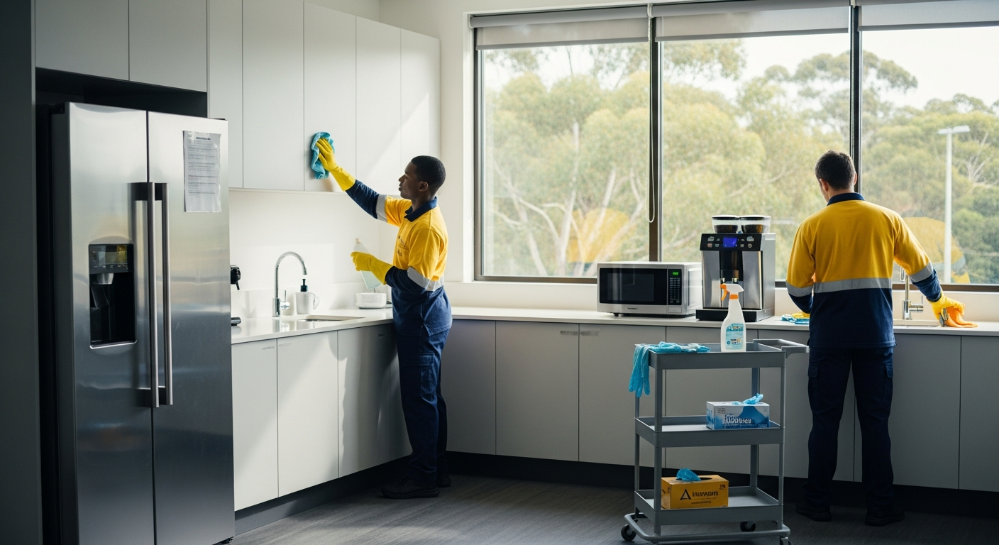 Commercial cleaners sanitising an office