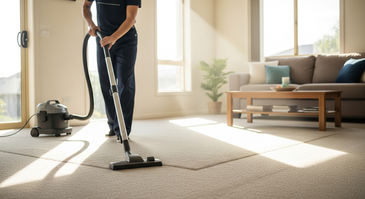 Cleaner vacuuming carpet in living room