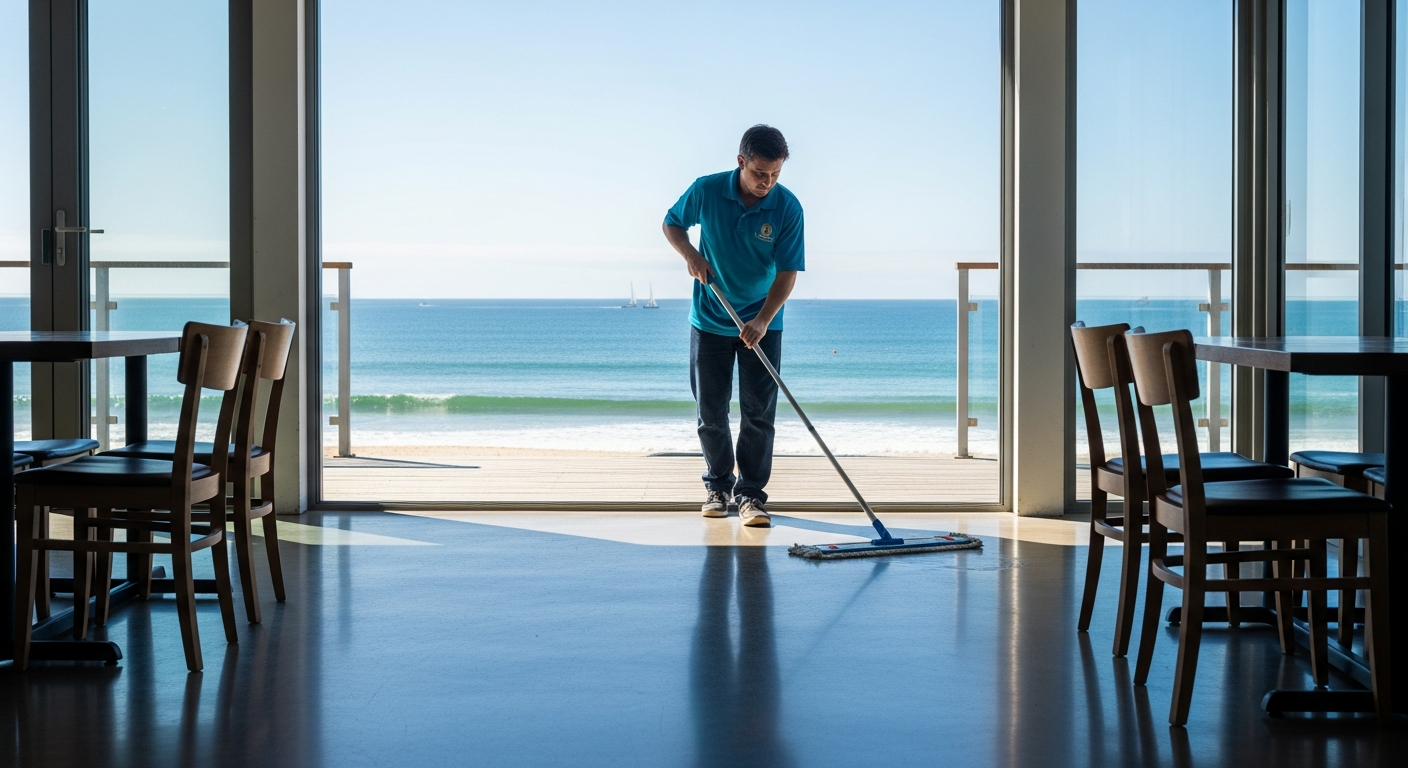 Cleaner mopping cafe in Sandy Point
