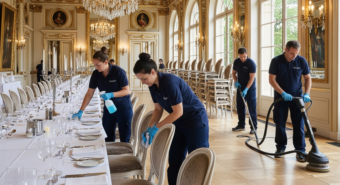 Event cleaning crew preparing a banquet hall