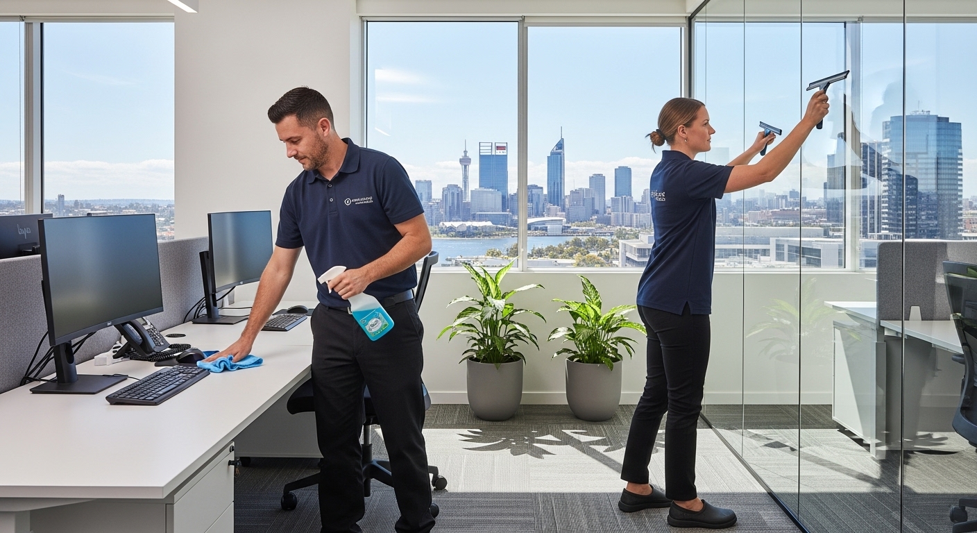 Professional cleaners in a modern Perth office