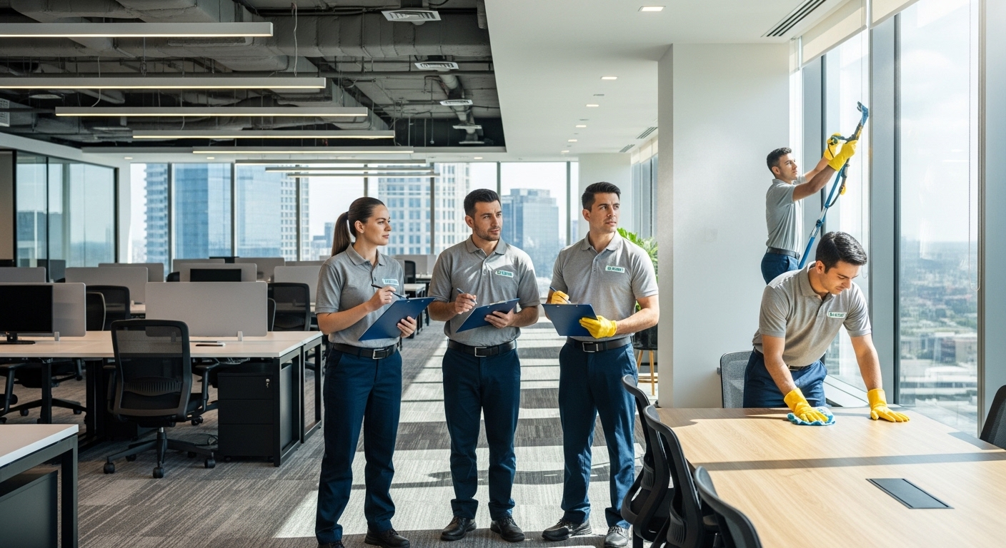 Professional commercial cleaners inspecting office