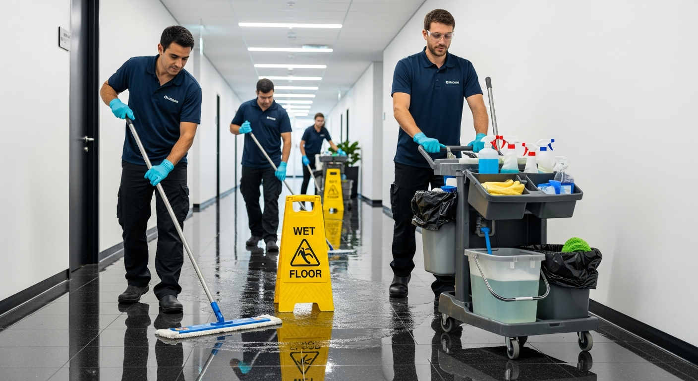 Cleaning crew in Mount Pleasant office corridor