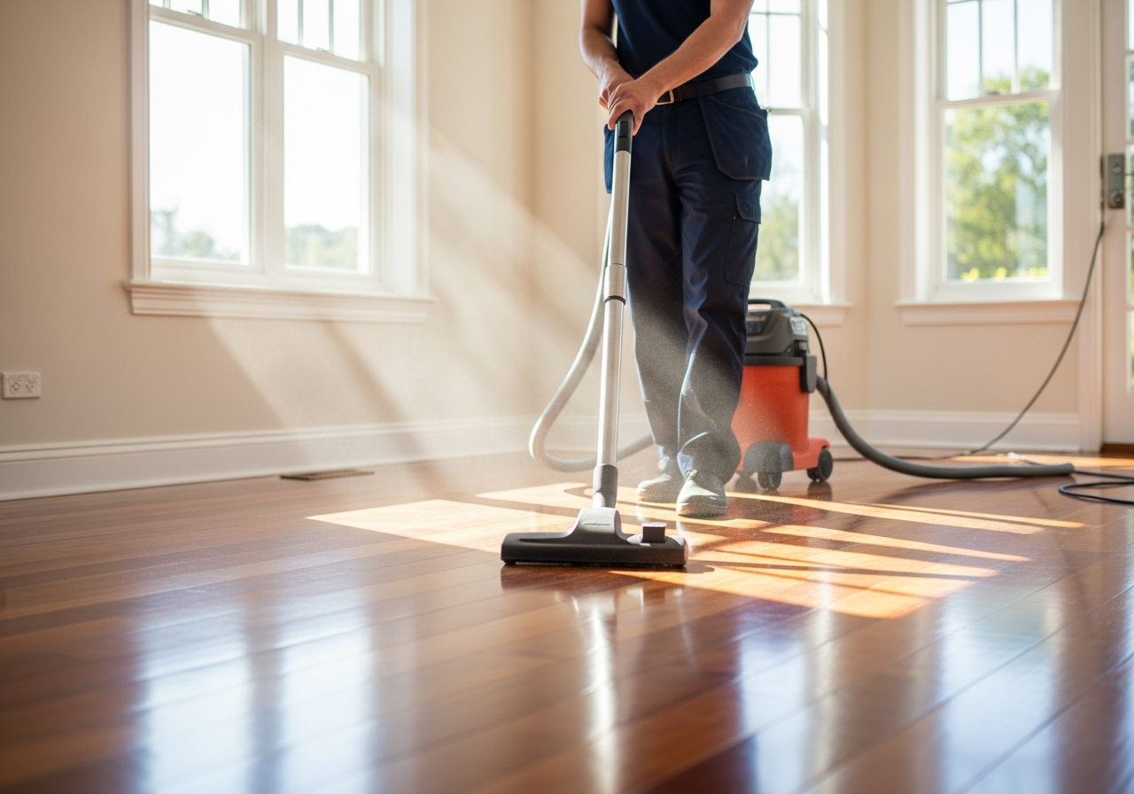 Cleaner vacuuming hardwood floor in Avonsleigh rental