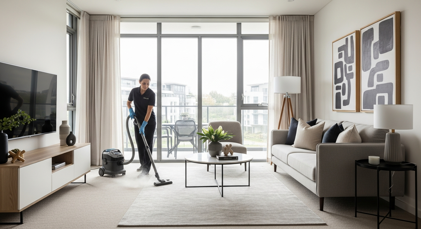 Cleaner vacuuming apartment