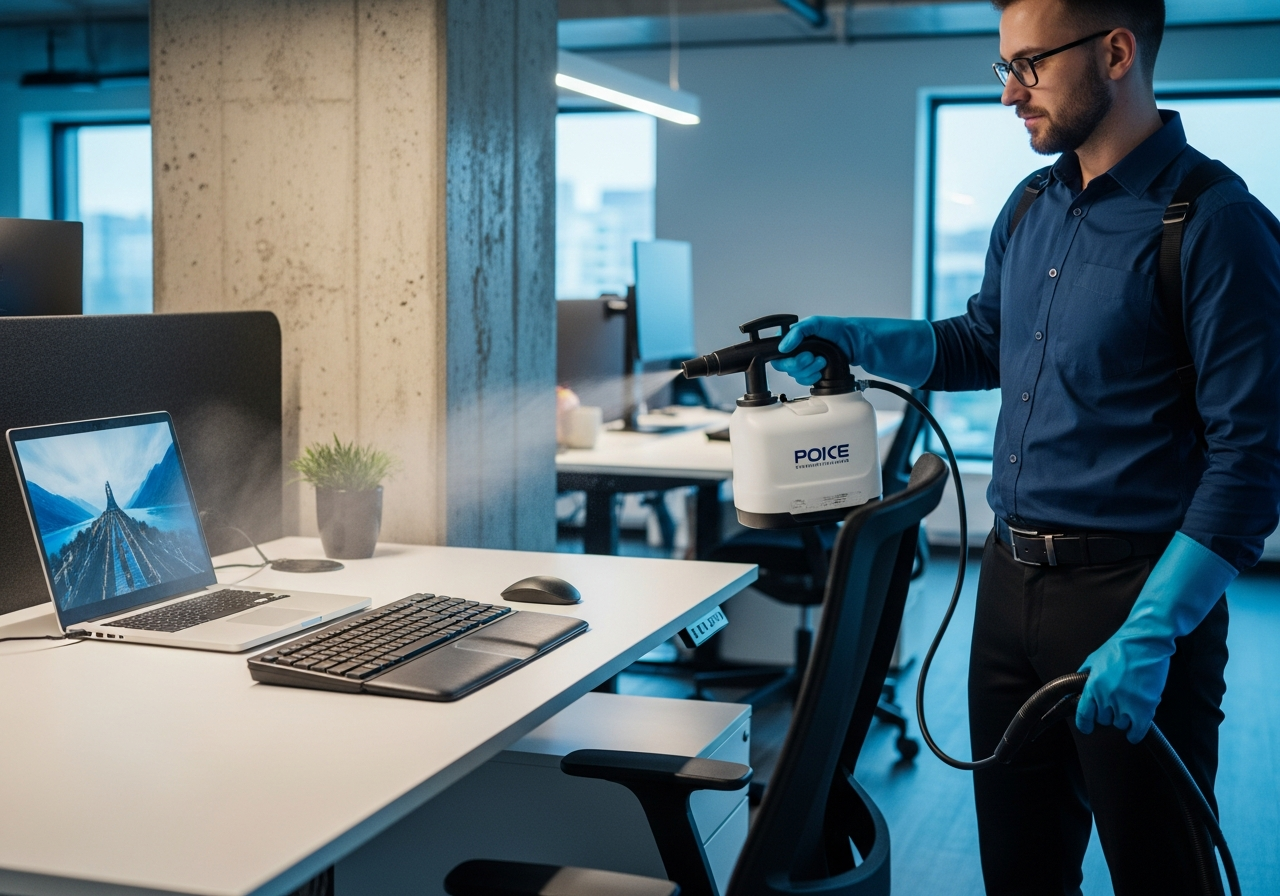 Cleaners disinfecting office