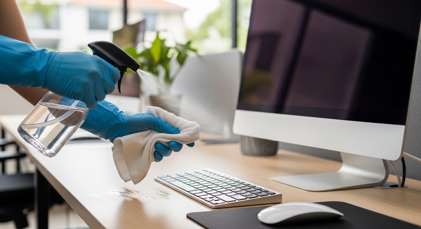 Cleaner sanitising office desk Asquith