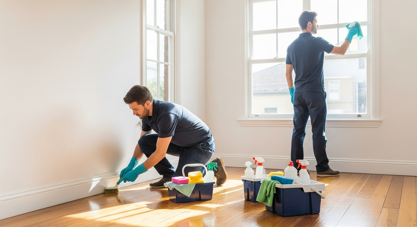 End of lease cleaning team working in a living room