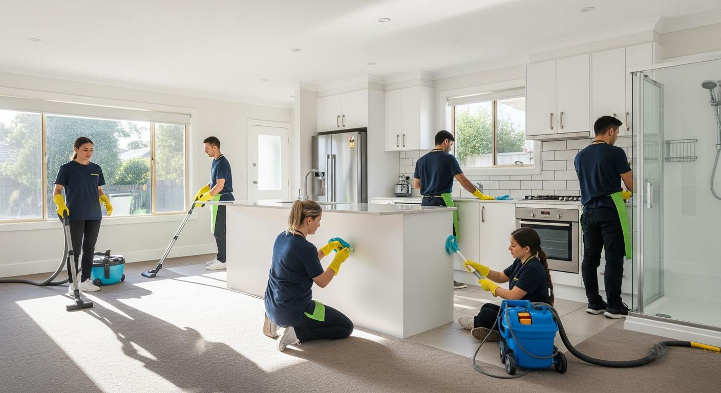 End of lease cleaning team working in suburban home