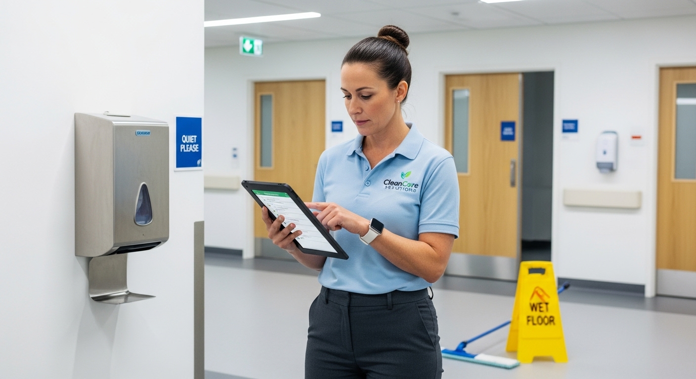 Supervisor checking clinical cleaning checklist