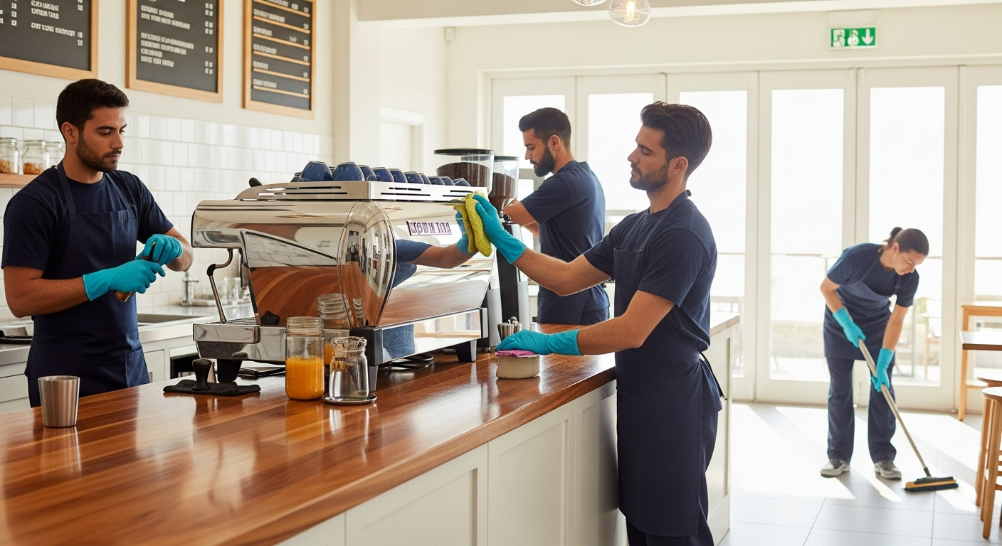 Commercial cleaners at a beachside cafe