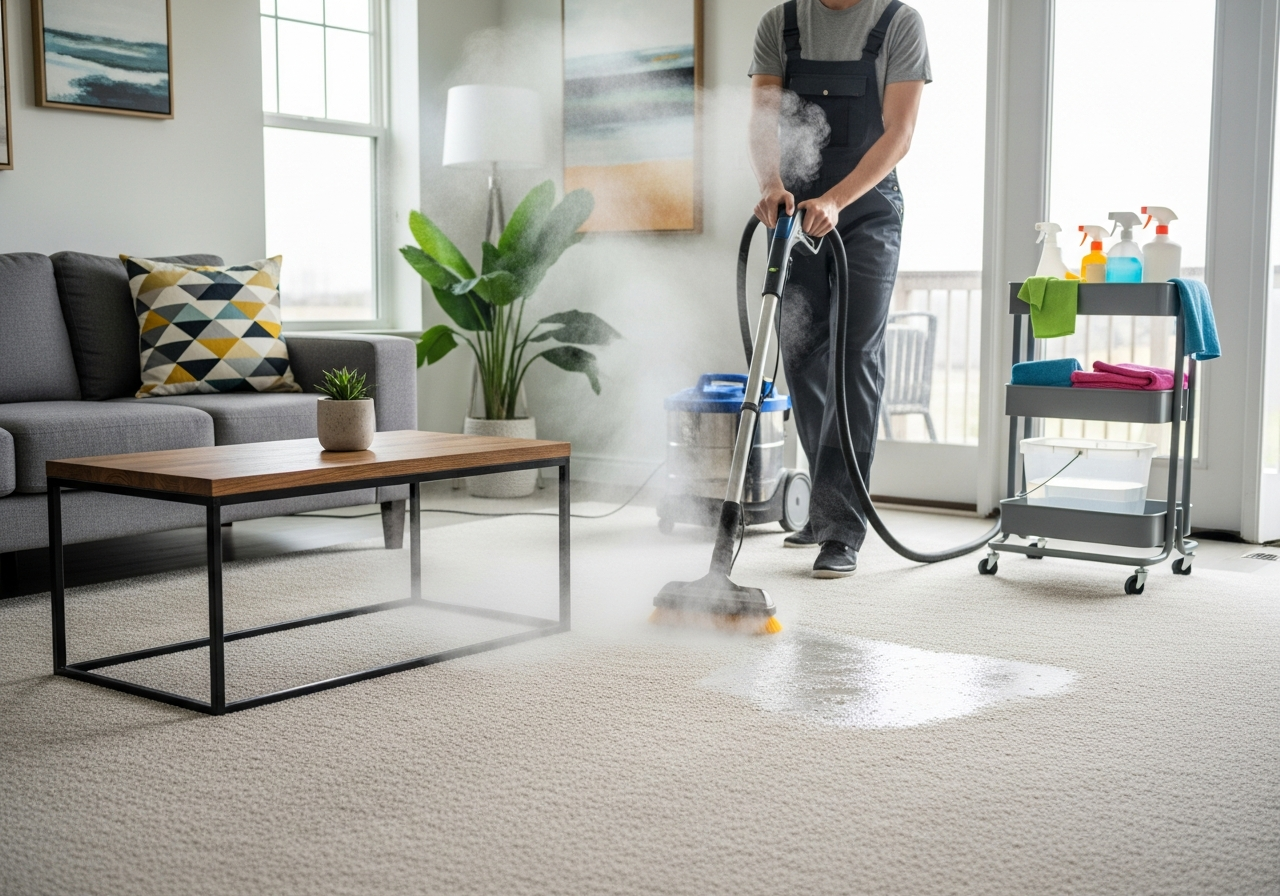 Cleaner steam-cleaning a carpet