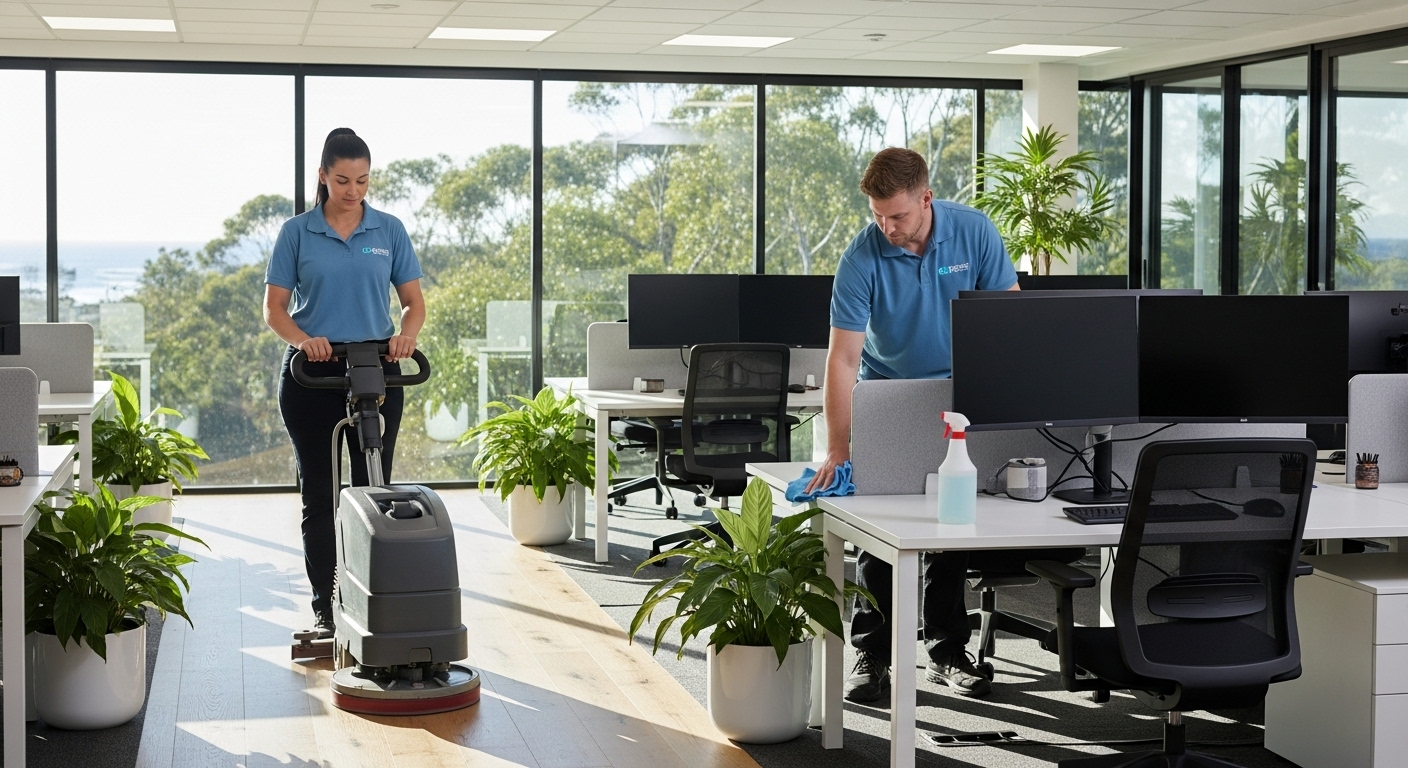 Professional commercial cleaning team working in an office