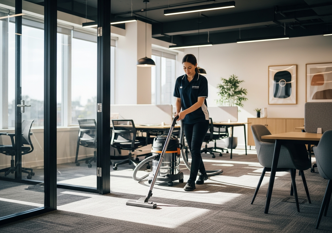Commercial cleaner vacuuming office in Essendon