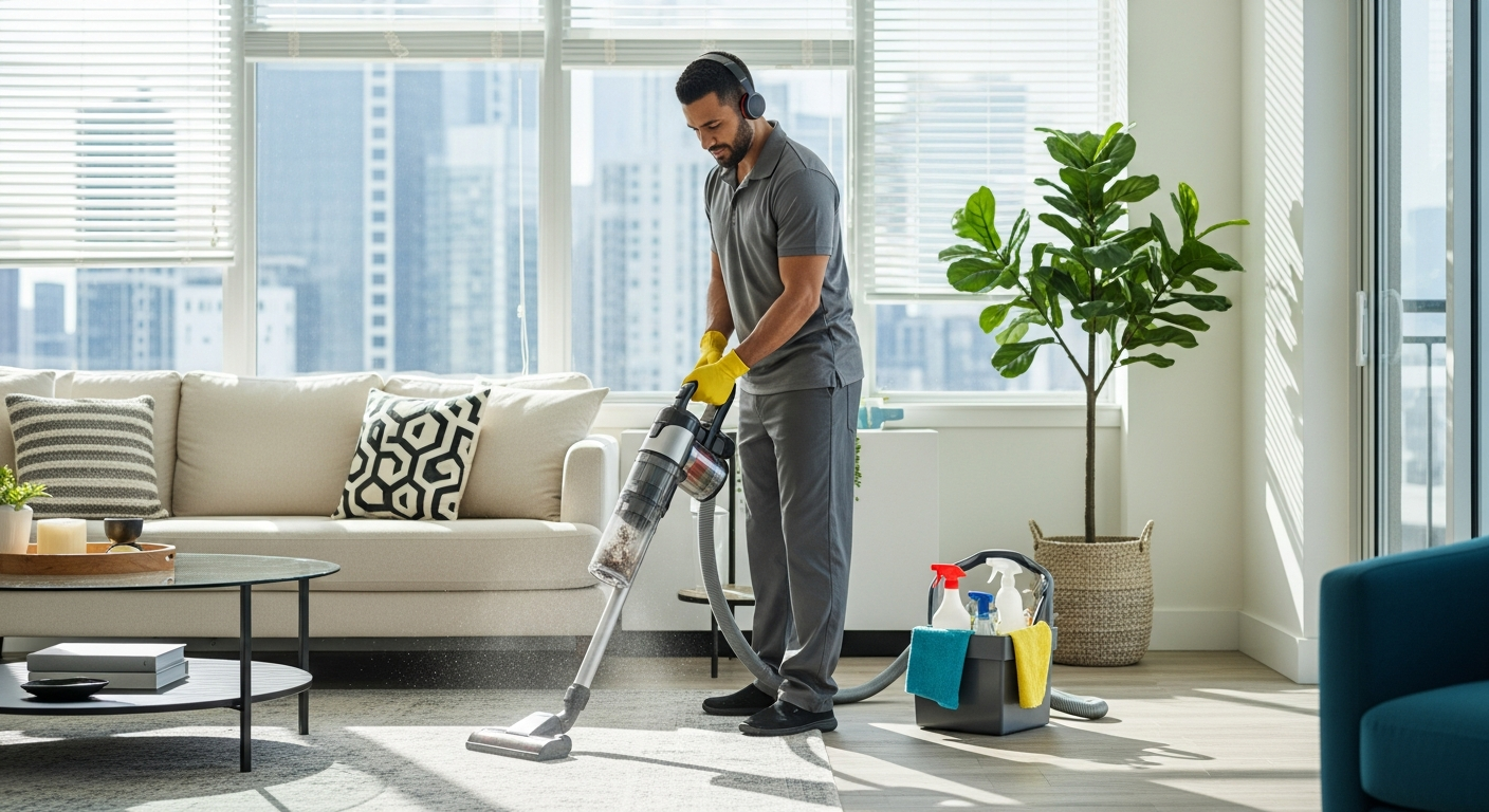 Cleaner vacuuming apartment living room