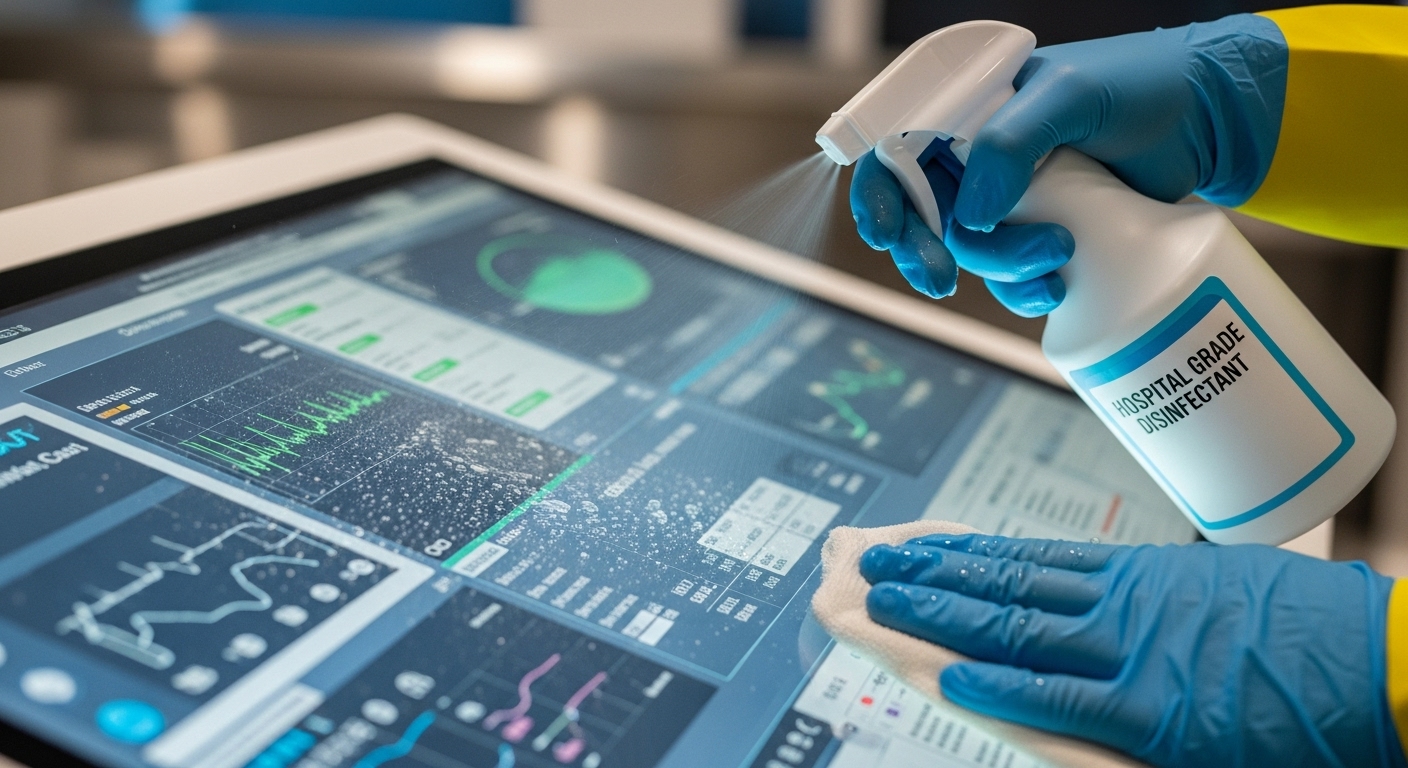 Hospital-grade disinfectant on touchscreen