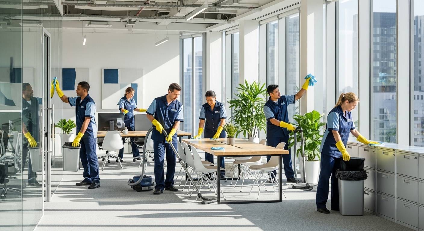 Professional office cleaners in a modern office