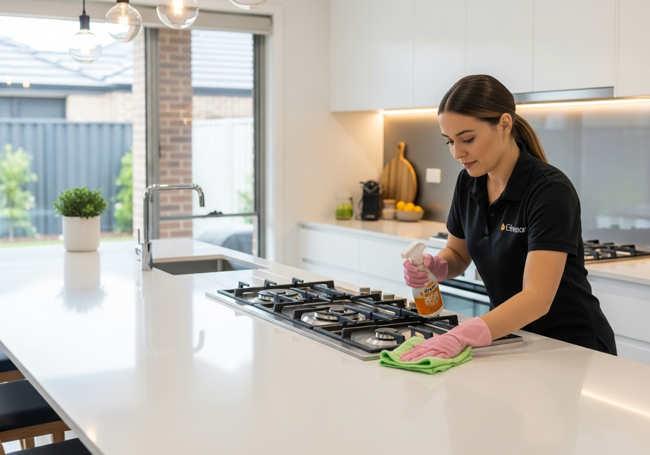 End of lease cleaner wiping kitchen bench