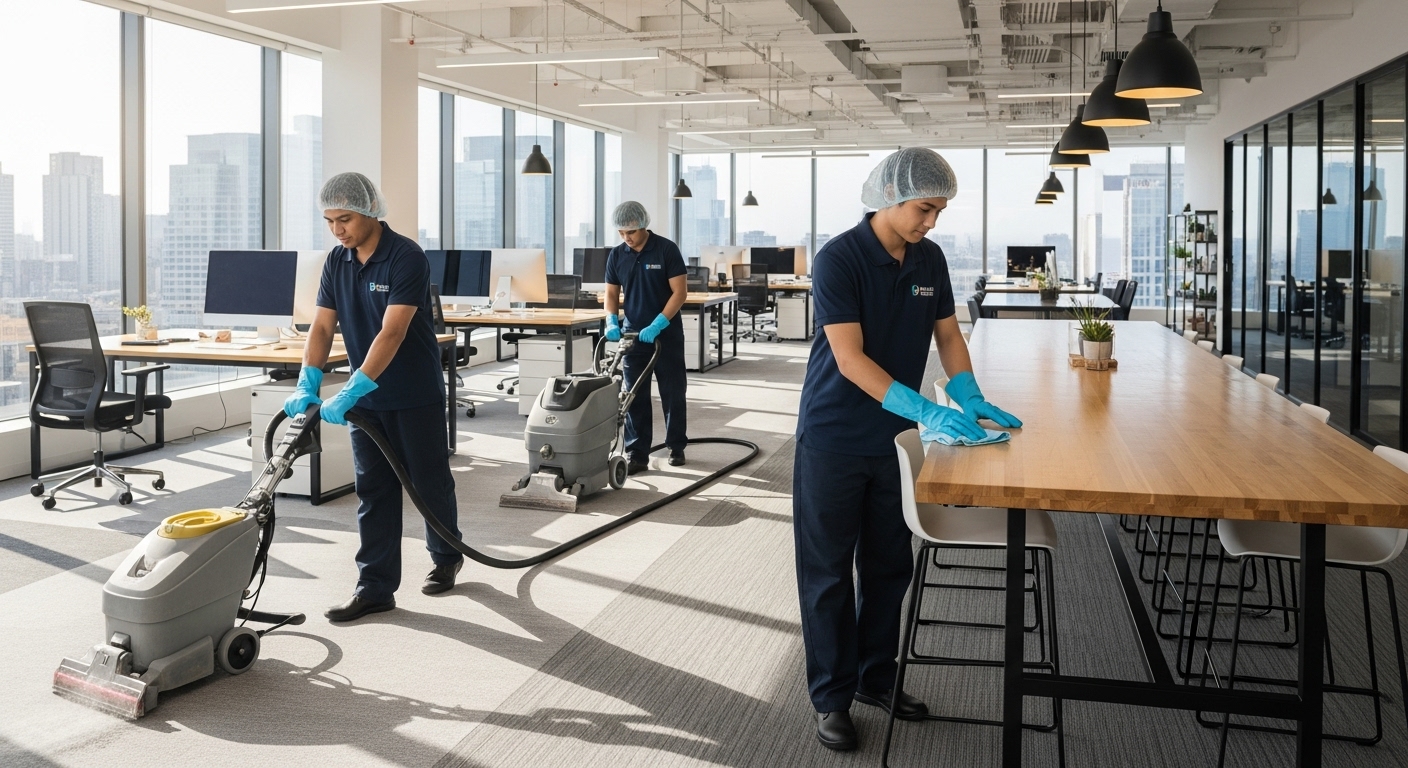 Commercial cleaning team deep cleaning office